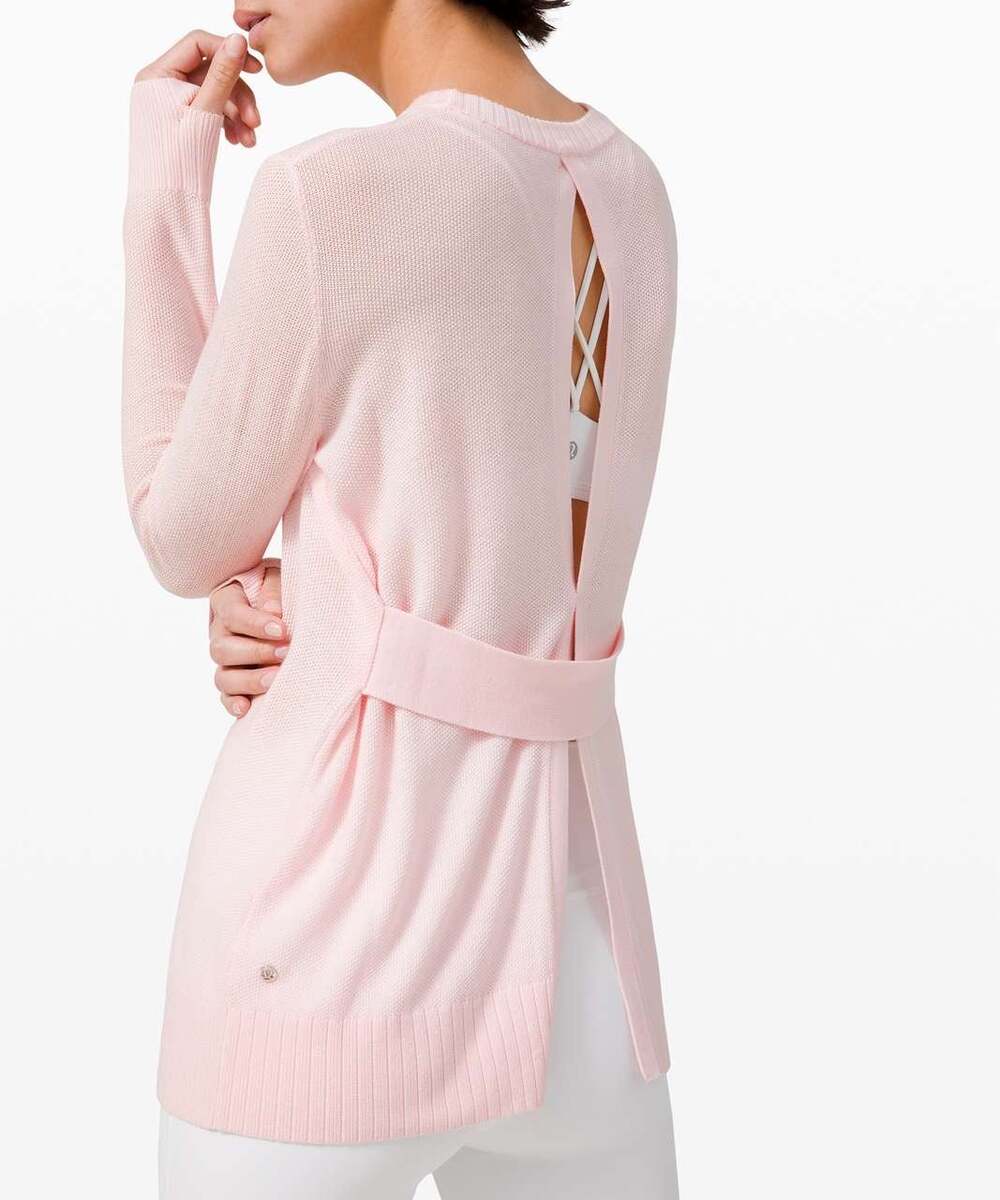 Lululemon Sincerely Yours Cashlu Open Tie Back Sweater Pink Glow Sz 10